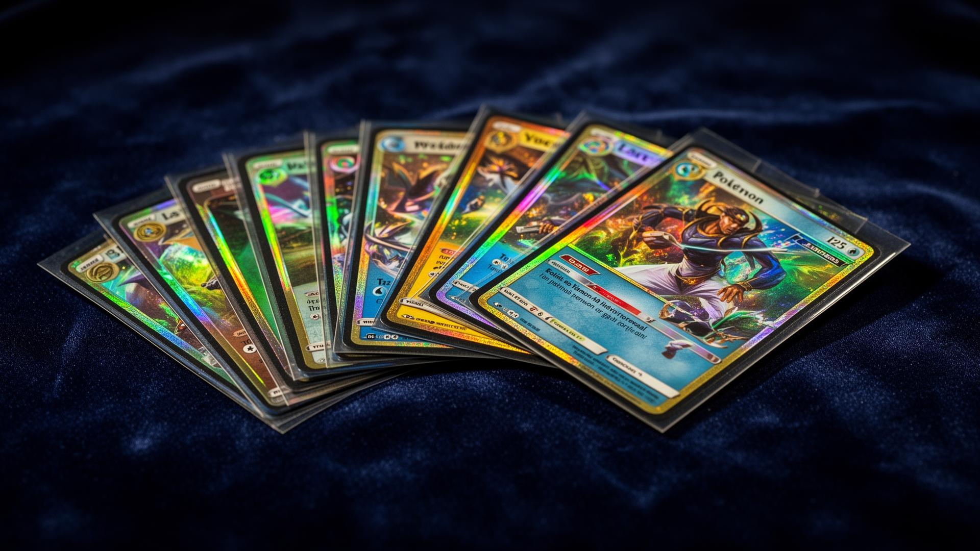 Holographic trading cards fanned on velvet